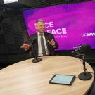 UC Davis Police Chief Joe Farrow speaks to Chancellor Gary S. May on the set of Face to Face With Chancellor May.