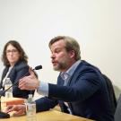 Brian Soucek speaks during a town hall.