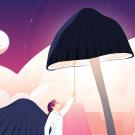 Illustration of a woman in a lab coat reaching up and turning on a giant mushroom as if it were a floor lamp.