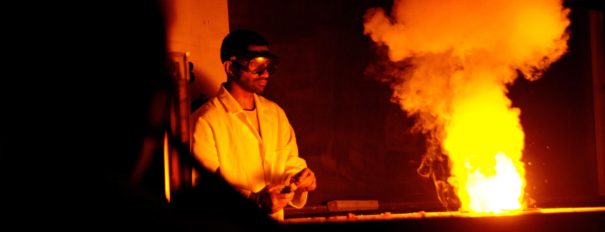 A student makes a flashy chemical reaction during the annual Picnic Day Chemistry Magic Show