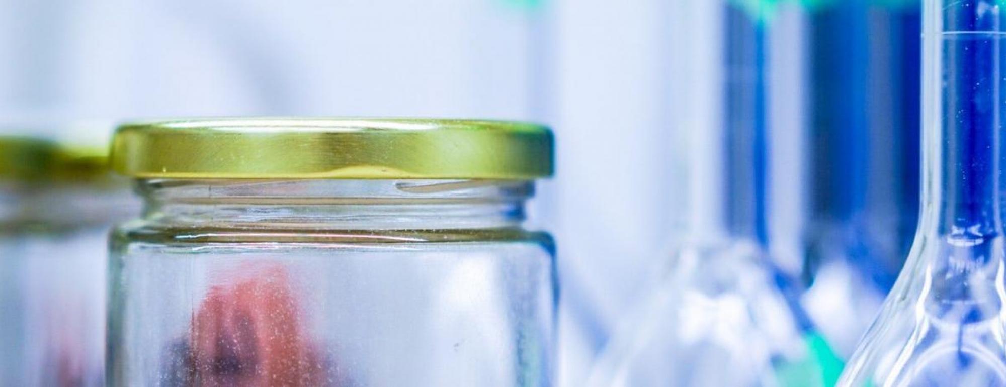 various glass containers in lab