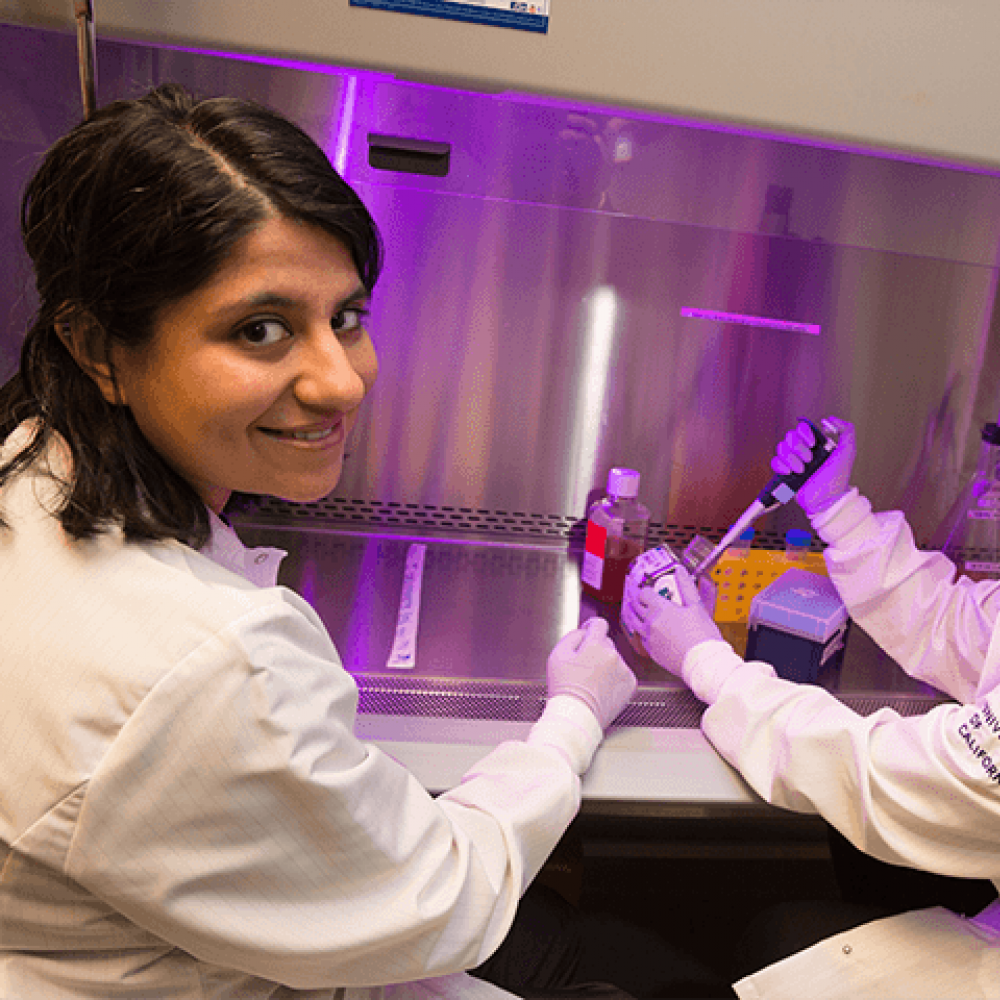 two students in labcoats use beakers under a fume hood at UC Davis