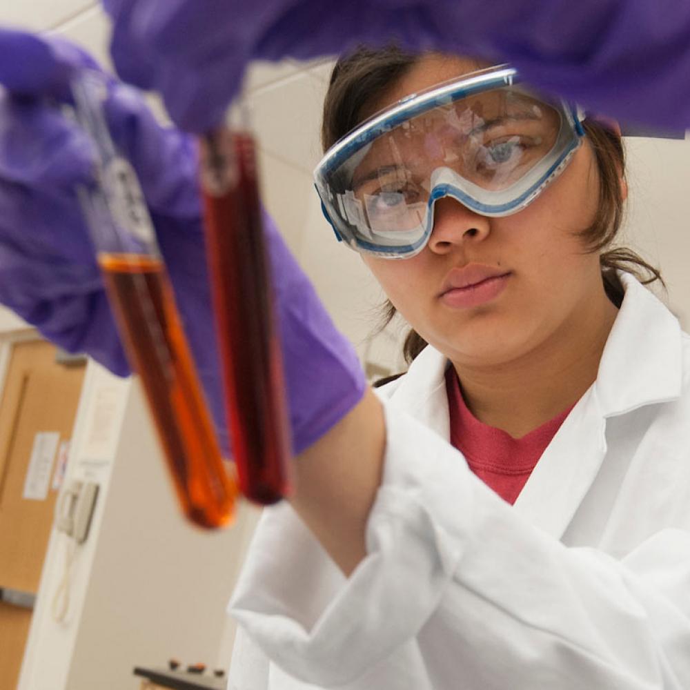 Two female students evaluate the color of a chemical sample