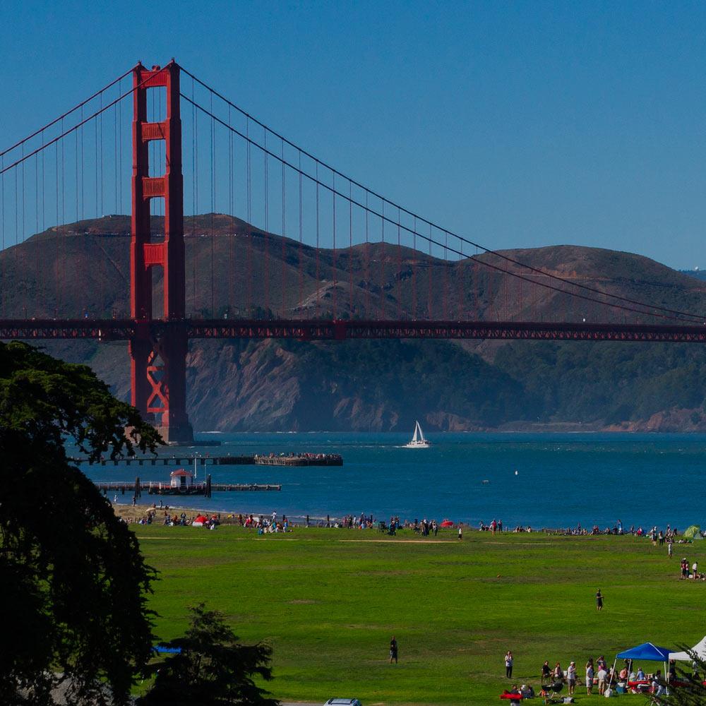 A grassy knoll just with Golden Gate Bridge in the background