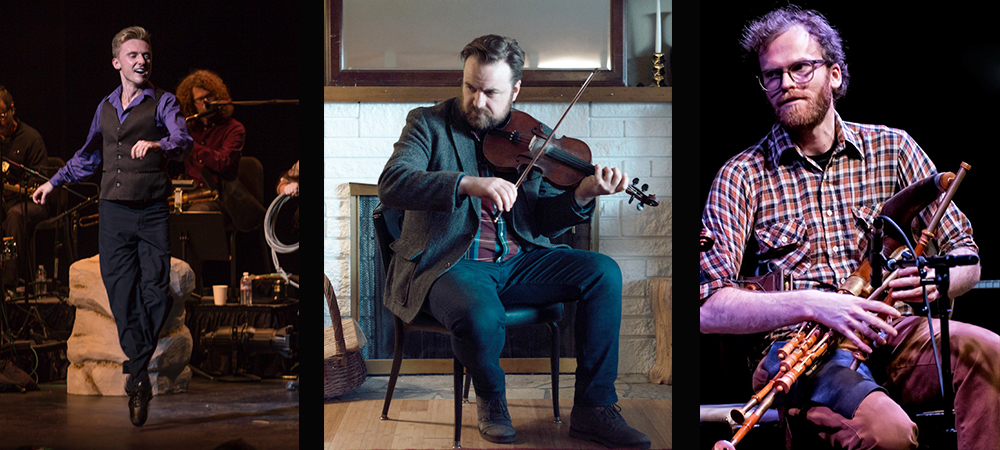 Photos of an Irish dancer, a fiddle player and a bagpipe player.