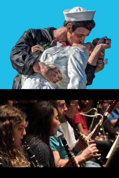 One image of a male sailor kissing a female civilan and anothe of student members of the UC Davis Orchestra.