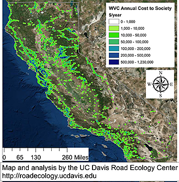 Map of California with colorful dots showing costs of highway collisions between vehicles and wildlife