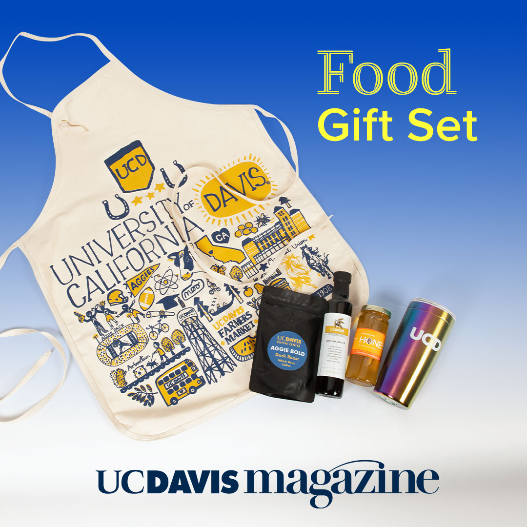 Giveaway package including apron, honey, olive oil, coffee and travel mug