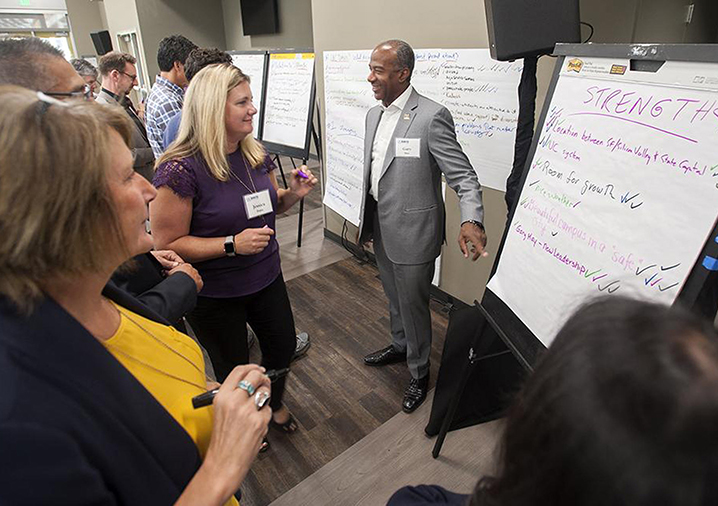 Chancellor May laughingly agrees he is a UC Davis strength, during a strategic plan workshop with administrators, alumni, donors, faculty, staff and students, October 2017.