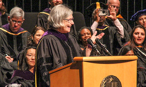  Sister Simone Campbell gives law school commencement address in 2017.