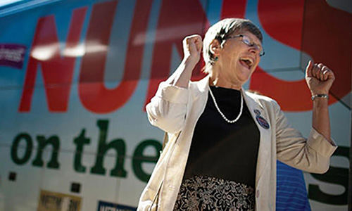 Sister Simone Campbell greets supporters at a stop in South Bend, Indiana, on the first Nuns on the Bus tour in 2012.