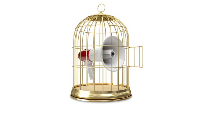 A bullhorn inside of a birdcage