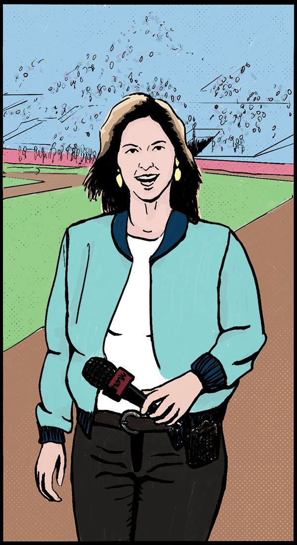 pen and ink portrait of a woman standing on a baseball field holding a microphone