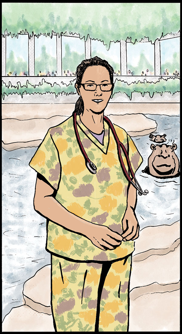pen and ink portrait of a woman wearing animal-print scrubs and a stethoscope, and standing in front of a hippopotamus zoo enclosure.