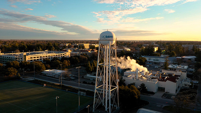 Aerial shot of water tower and campus