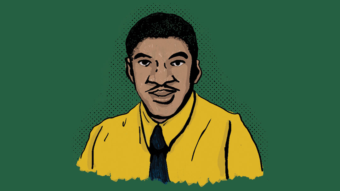 pen and ink portrait of a Black man wearing a yellow shirt and dark tie, against a green background