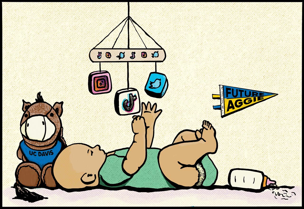 pen and ink illustration of a baby playing with a mobile featuring logos from social media companies. A baby bottle, Gunrock mascot toy and Future Aggie pennant are in the background