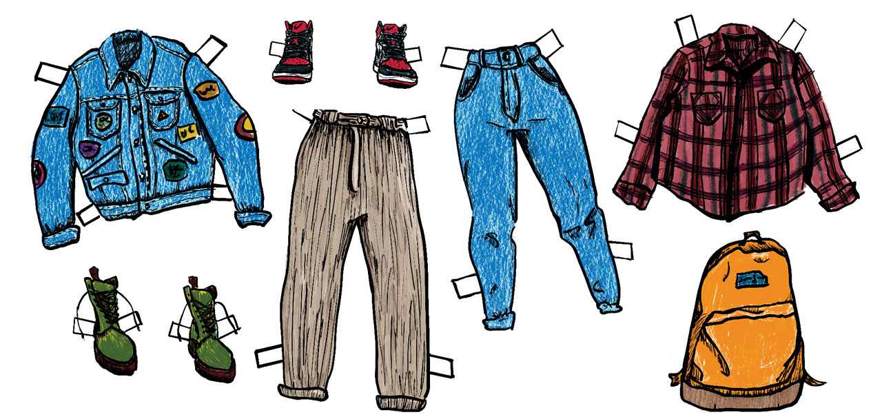 pen and ink illustration of various clothing items done to look like paper doll clothes