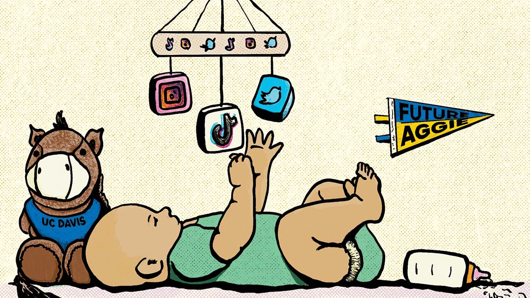 pen and ink illustration of a baby playing with a mobile featuring logos from social media companies. A baby bottle, Gunrock mascot toy and Future Aggie pennant are in the background