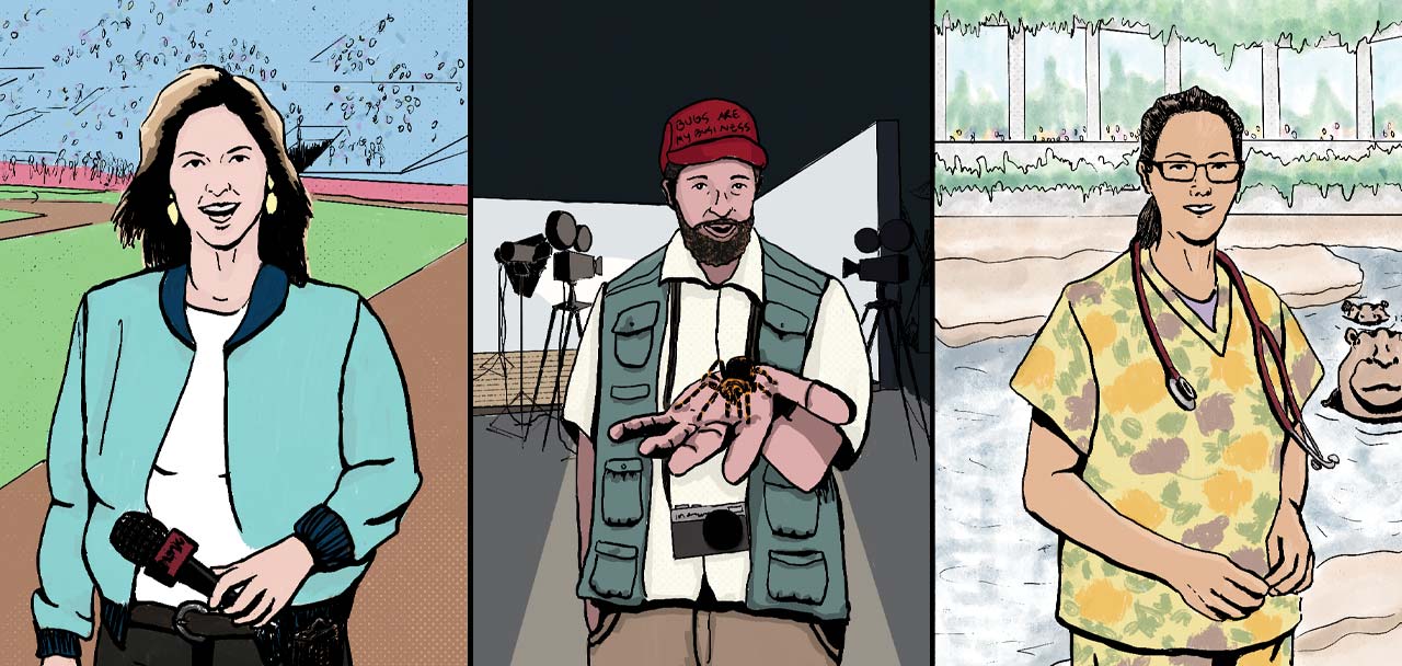 portrait illustrations of three alumni featured in the Where Are They Now article